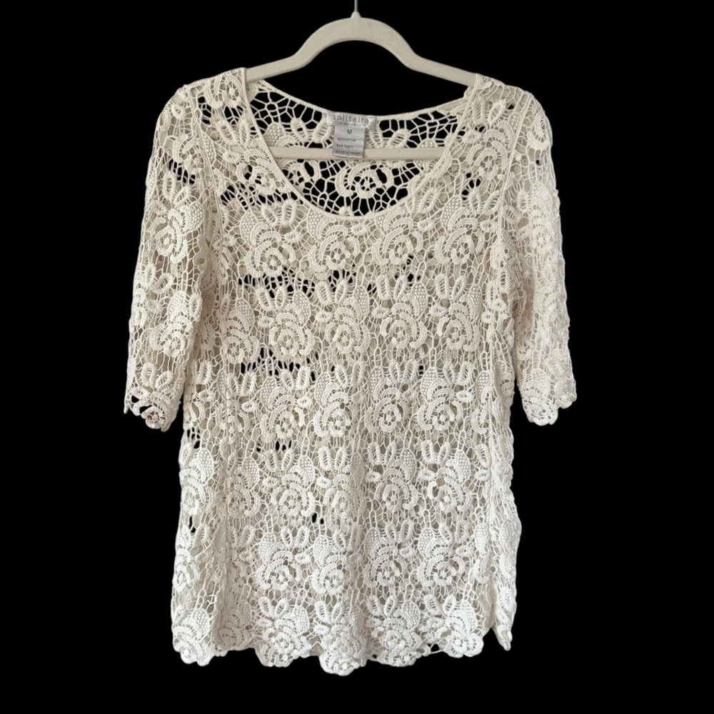 Solitaire Elegant Vintage Cream Crochet Lace Short Sleeve Scoop Neck Top…